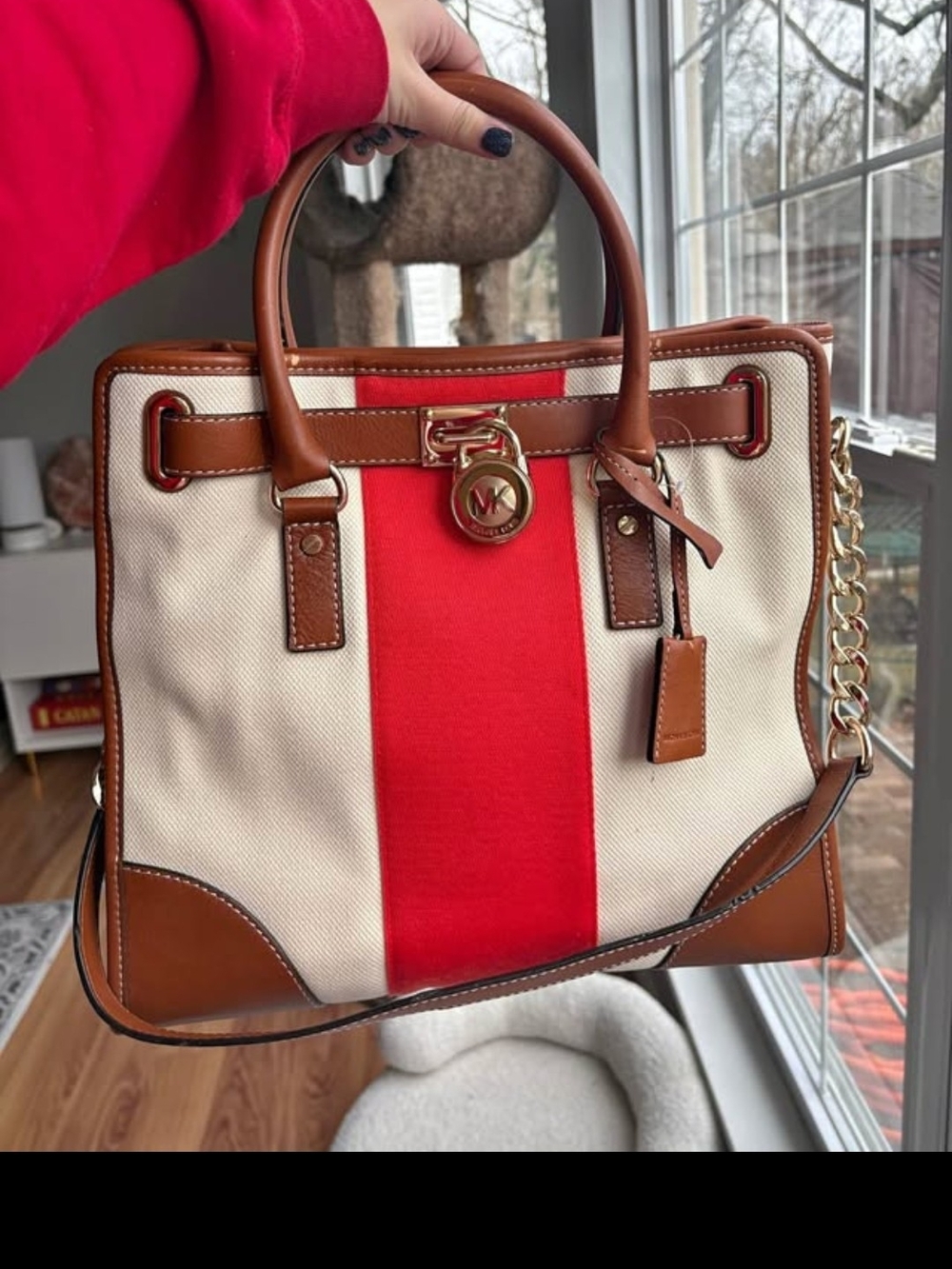 Michael Kors Tan & Red Stripe Canvas Tote
